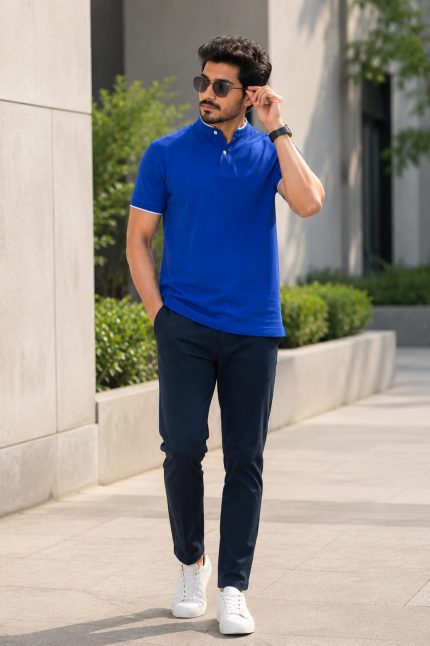Royal Blue Mandarin Collar Polo T-Shirt for Men - Premium Quality