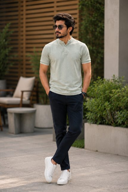 Light olive Chinese Collar Polo Shirt - Soft & Breathable Cotton