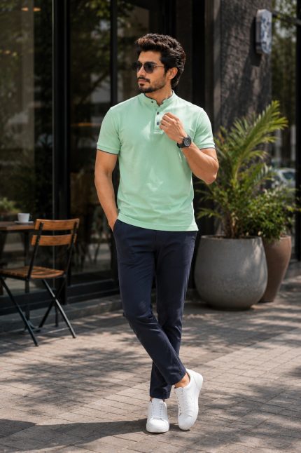 Mint Green Chinese Collar Polo Shirt - Soft & Breathable Cotton