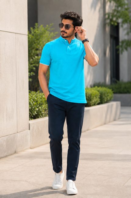 Sky Blue Chinese Collar Polo T-Shirt - Factory Price & Best Comfort