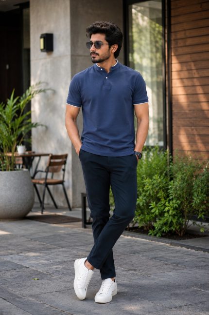 Navy Blue Mandarin Collar Polo Shirt - Men's Summer Smart Casual